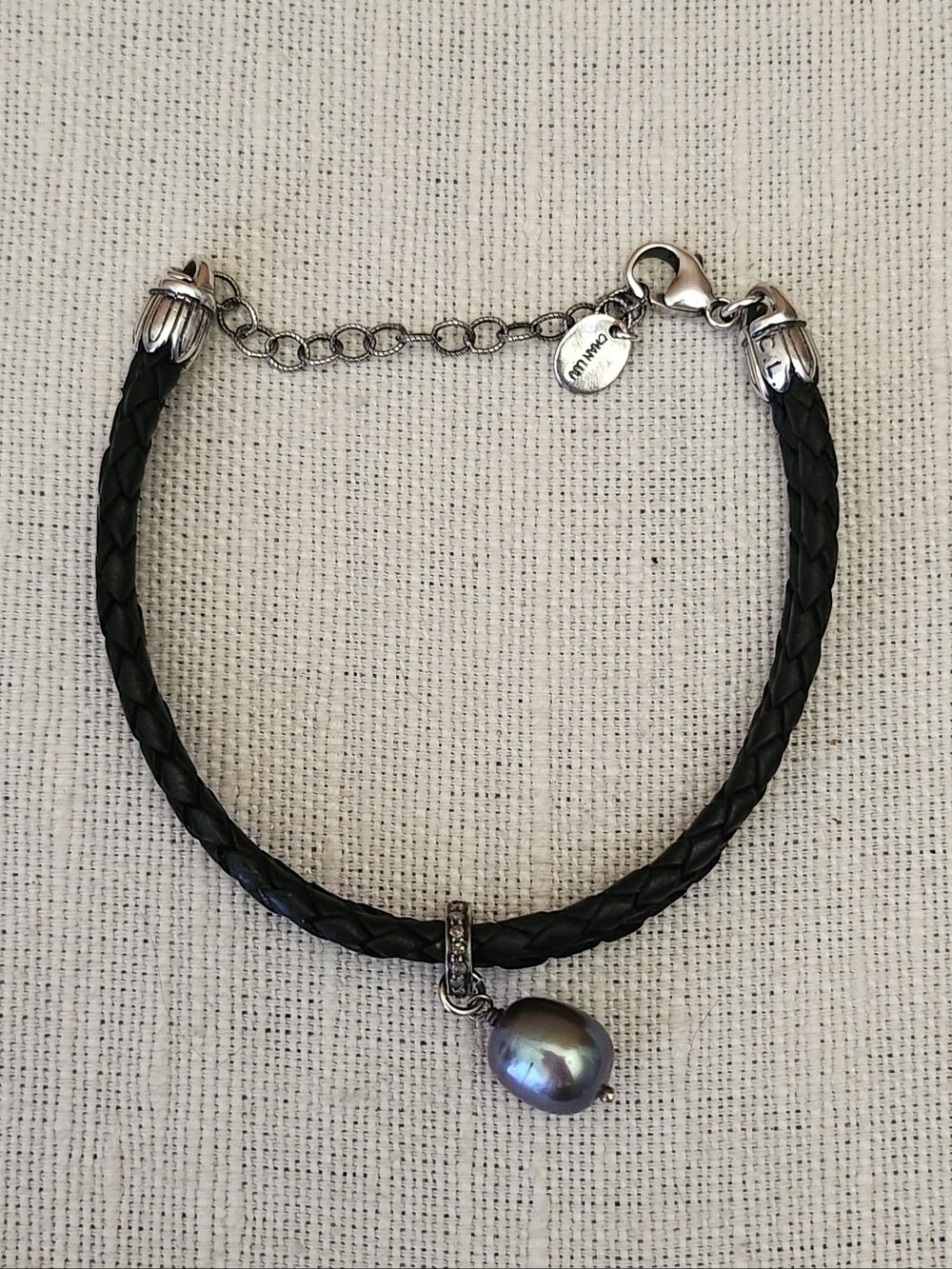 Chan Luu Braided Black Leather Bracelet with Iridescent grey/peacock Pearl Charm